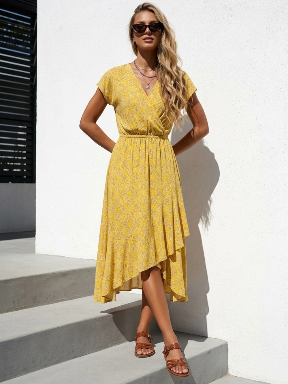 Anthropologie Maeve Asymmetric Printed Wrap Midi Dress Sz S Yellow Brights